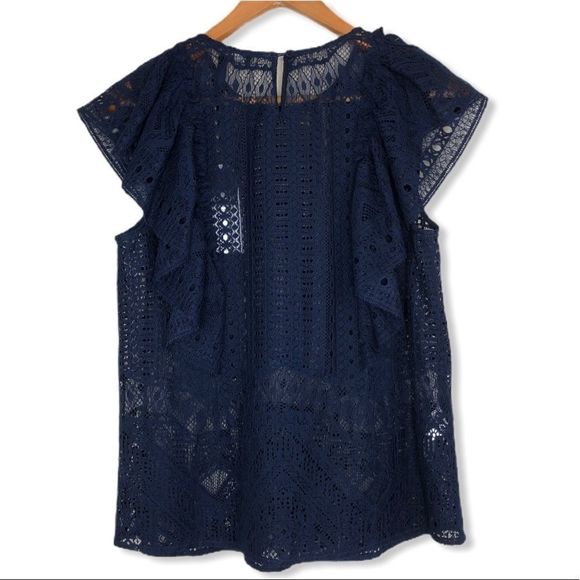 BCBGMaxAzria Nishka Dark Navy Ruffle Lace Top NWT - Picture 7 of 13